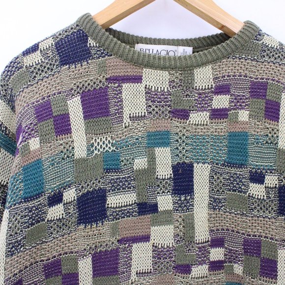 Vintage Bellagio Sweater Mens Brown Pullover Geometric Pattern Knit Italy 90s - Picture 6 of 10